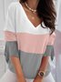 Loose V Neck Color Block Casual T-Shirt
