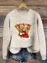 Women's Christmas Highland Cow Print Knitted Crew Neck Sweater