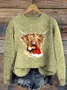 Women's Christmas Highland Cow Print Knitted Crew Neck Sweater