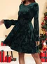 Women's Long Sleeve Spring/Fall Green Floral Crew Neck Holiday Going Out Casual Midi H-Line Dress