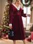 Women's Long Sleeve Spring/Fall Wine Red Plain Lace V Neck Holiday Going Out Casual Maxi A-Line Dress