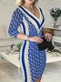 Women's Long Sleeve Spring/Fall Black Striped V Neck Holiday Going Out Casual Midi A-Line Dress