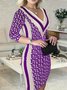 Women's Long Sleeve Spring/Fall Black Striped V Neck Holiday Going Out Casual Midi A-Line Dress