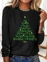 Women's T shirt Tee Black Christmas Tree Text Print Long Sleeve Christmas Crew Neck T-Shirt