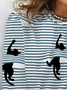 Striped Cat Print Long Sleeve Crew Neck T-shirt