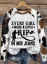 Women's Every Woman Needs A Little Rip In Her Jeans Print Round Neck Sweatshirt