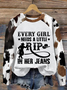 Women's Every Woman Needs A Little Rip In Her Jeans Print Round Neck Sweatshirt