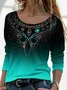 Western Gradient Print Round Neck Long Sleeve T-Shirt