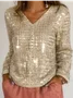 Women's V-Neck Sequined Long Sleeve T-Shirt Top