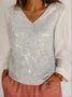 Women's V-neck Sequined Pattern Long Sleeve T-shirt Top
