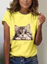 Women's Short Sleeve T-shirt Summer Black Cat Cotton-Blend Crew Neck Daily Going Out Casual Top