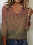 Leaf Print Long Sleeve V-Neck T-shirt