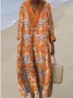 Women's V Neck Vintage Floral Art Print Loose Dress