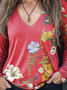 Vintage Lovely Floral Art Print V Neck Casual T-Shirt