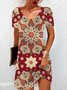 Ethnic Print Short Sleeve Crew Neck Dress