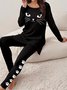 Cat Print Long Sleeve Crew Neck Two Piece Set