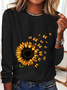 Cute Sunflower Butterfly Graphic Casual Long Sleeve Shirt