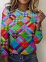 Colorful geometric grid casual long sleeved T-shirt
