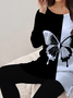 Butterfly Print Long Sleeve Crew Neck Two Piece Set