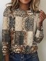 Retro floral geometric color block casual long sleeved T-shirt