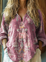 Women's retro national flower print casual linen V-neck shirt