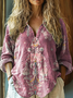 Women's retro national flower print casual linen V-neck shirt