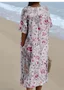 Cotton-Blend V Neck Vintage Loose Dress With No