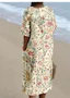 Cotton-Blend V Neck Vintage Loose Dress With No
