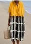 Boho Multicolor Block Loose V Neck Dress With No