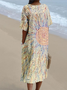 V Neck Leaf Cotton-Blend Vintage Dress With No