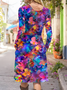 Women's Artistic Floral Print Long Sleeve Pocket Dress