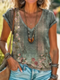 Women's retro ethnic floral print V-neck T-shirt