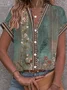 Women's Short Sleeve Shirt Summer Green Floral Printing V Neck Daily Going Out Casual Top