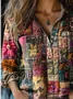 Women's Vintage Art Patchwork Floral Print Cotton and Linen Long Sleeve Shirt