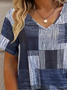 Women's Plaid Color Block Printed Casual V-neck Short-Sleeved T-shirt