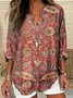 Women's Vintage Ethnic Art Floral Print V-Neck Shirt