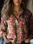 Women's Vintage Art Floral Print Cotton and Linen Long Sleeve Shirt
