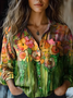Women's Vintage Art Floral Print Cotton and Linen Long Sleeve Shirt