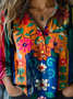 Women's Vintage Art Floral Print Cotton and Linen Long Sleeve Shirt