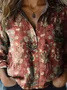 Women's Vintage Art Floral Print Cotton and Linen Long Sleeve Shirt