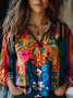 Women's Vintage Art Floral Print Cotton and Linen Long Sleeve Shirt