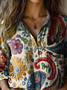 Women's Vintage Art Floral Print Cotton and Linen Long Sleeve Shirt
