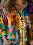 Women's Vintage Art Floral Print Cotton and Linen Long Sleeve Shirt