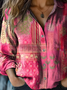 Women's Vintage Art Floral Print Cotton and Linen Long Sleeve Shirt