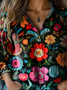 Women's Vintage Art Floral Print Cotton and Linen Long Sleeve Shirt