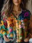 Women's Vintage Art Floral Print Cotton and Linen Long Sleeve Shirt