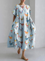 Funny Farm Chicken Embroidery Pattern Linen Blend Casual Dress With No Belt