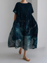 Women's Ocean Art Stripe Print Vintage Round Neck Pleated Dress