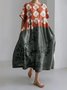 Women's Artistic Floral Print Vintage Round Neck Pleated Maxi Dress
