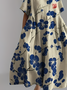 Women's Japanese Art Floral Print Vintage Round Neck Pleated Maxi Dress